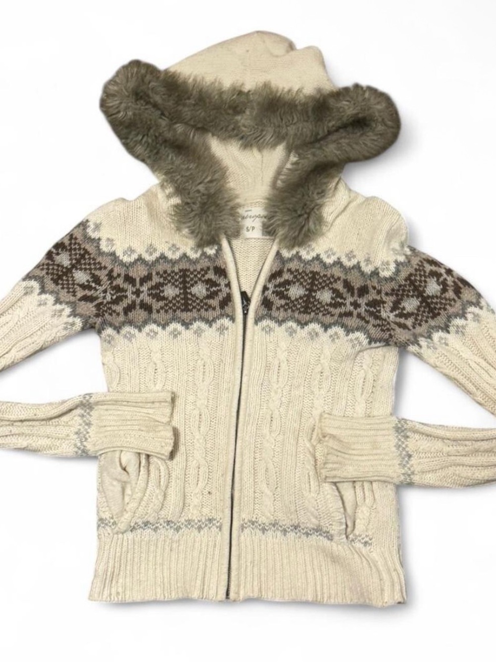 Aeropostale Cream Hooded Cable Knit Cardigan with Brown Fair Isle